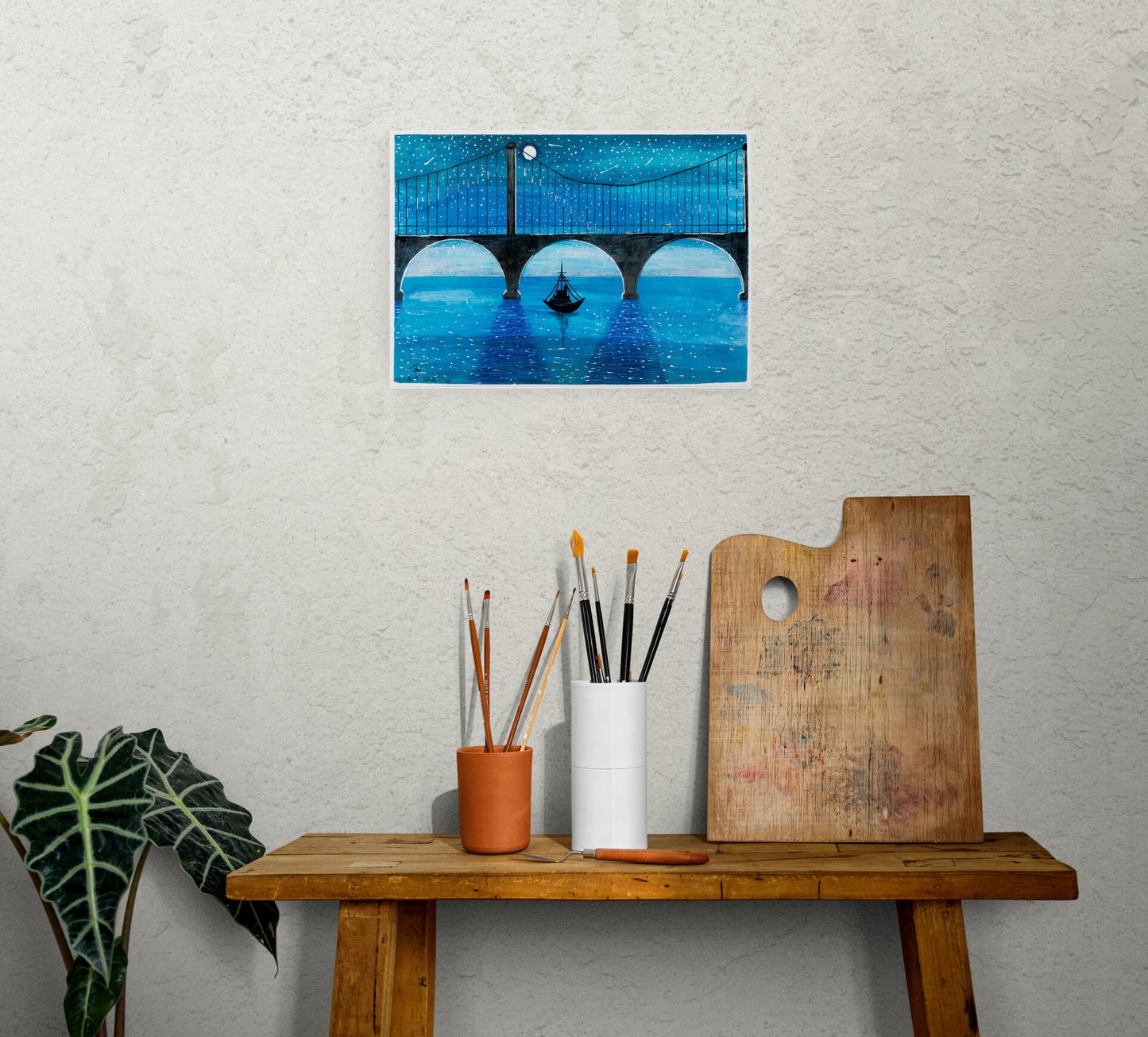 Night Bridge - Mixed Media Art